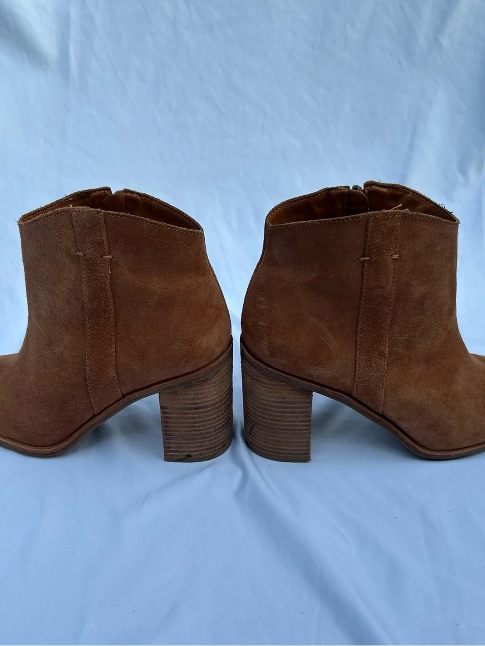 Lucky Brand Tan Suede Ankle Booties with Stacked Heel